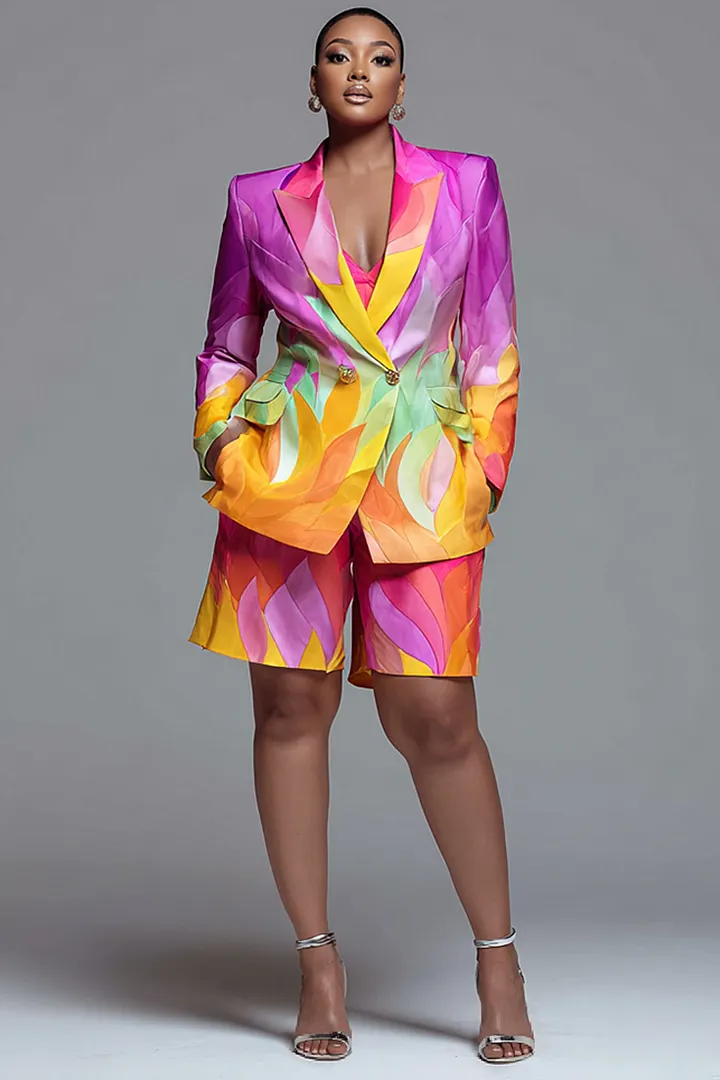 Xpluswear Design Plus Size Party Multicolor Graphic Lapel Collar Long Sleeve Pocket Satin Two Piece Short Suits 2024 - Xpluswear