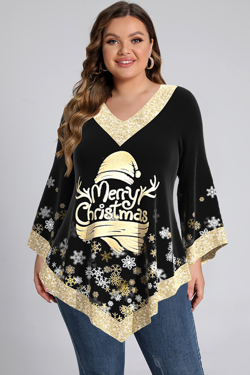 Flycurvy Plus Size Christmas Casual Black Sequin Snowflake Antlers Print Blouse