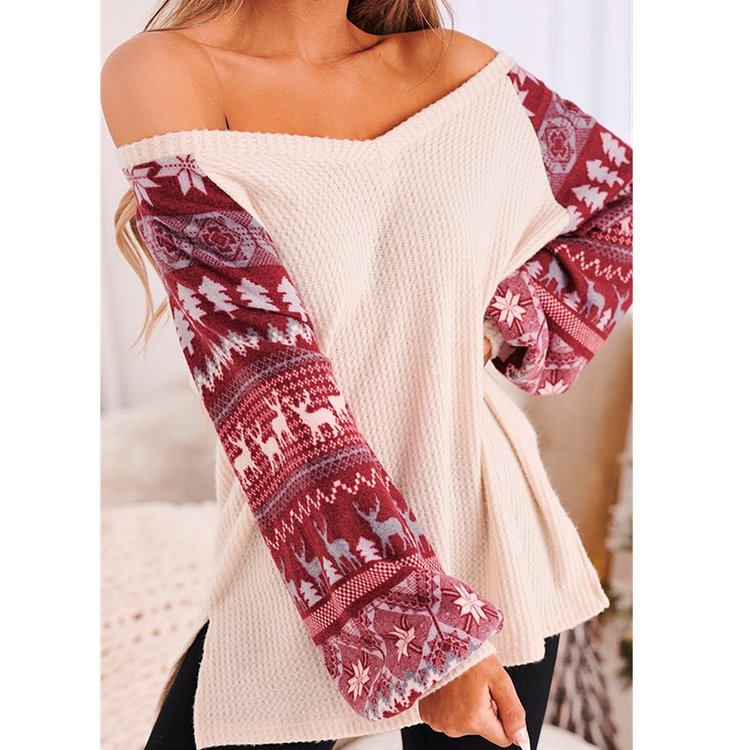 Ladies V-neck Side Slit Knit Christmas Print Lantern Sleeve Sweater-luchamp:luchamp