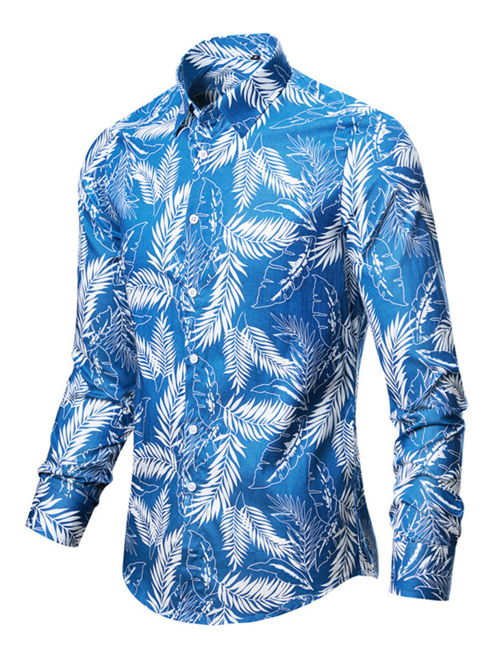 Men's Casual Flower Shirt Fashion Printing Slim Lapel Long-sleeved Shirt
