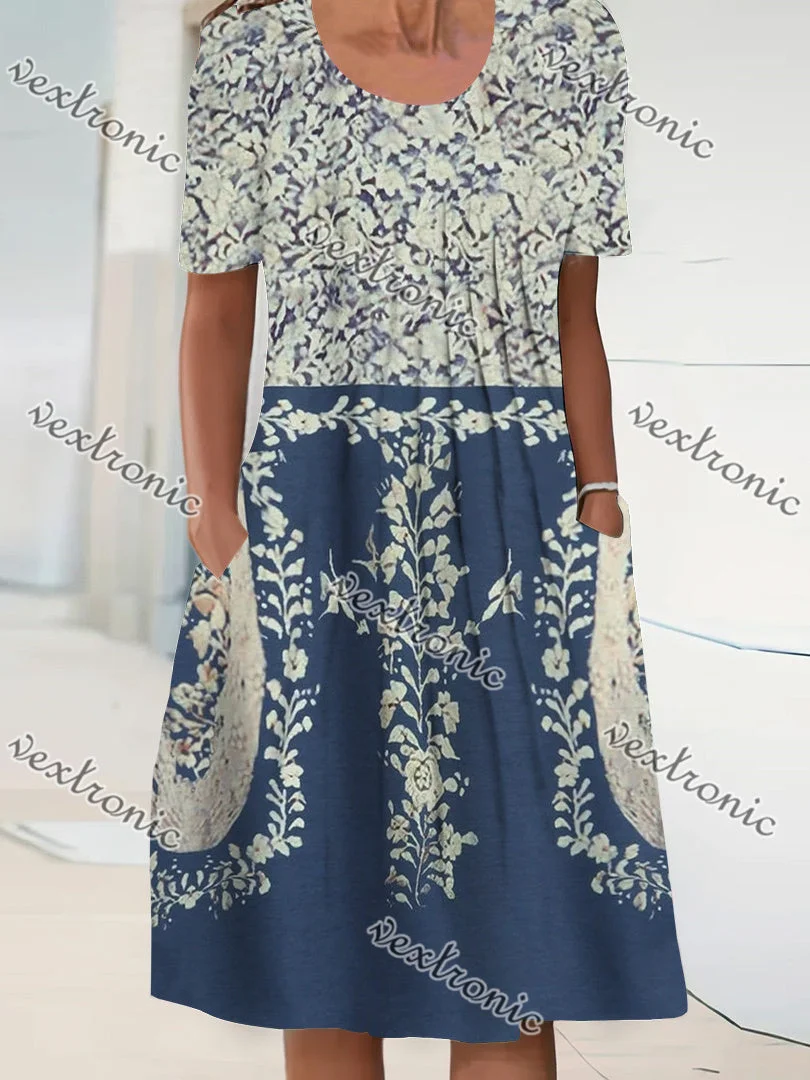 Women's Short Sleeve Scoop Neck Floral Printed Colorblock Graphic Midi Dress