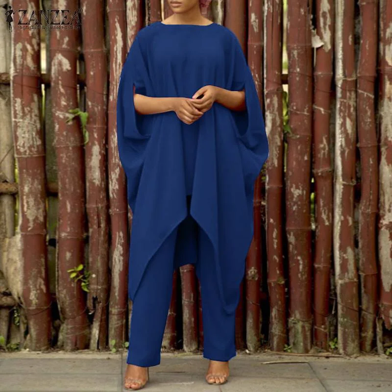 Oversize Solid Matching Sets Women Casual Batwing-Sleeve Irregular Top Elastic Waist Pant Work OL Pant Sets ZANZEA Retro Suits