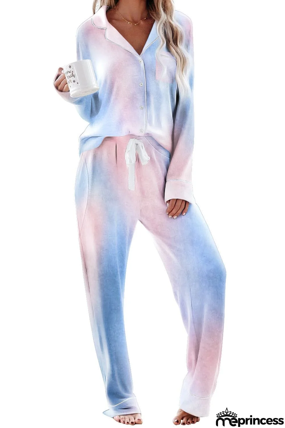 Multicolor Tie-dye Long Sleeve Shirt with Pants Lounge Set