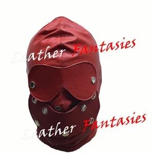 Pornhint Genuine Leather Red Medieval Fetish Hood Mask With Detachable blindfold, mouth piece For Adult play Unisex BDSM Slave Sensory Deprivation