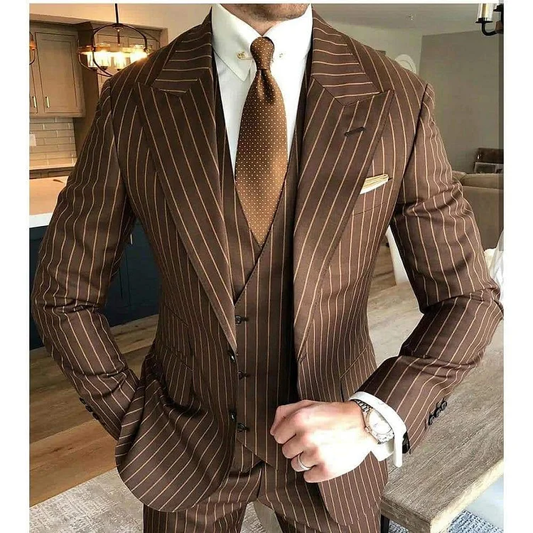 Dark Academia Brown Pinstripe Men's Tuxedo Slim Fit DK036