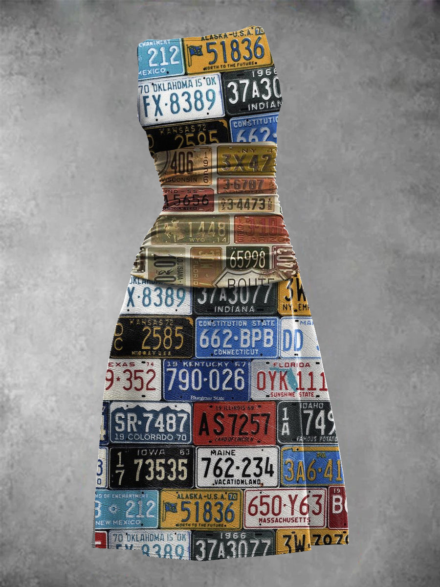 Vintage License Plate Art Print Sleeveless Midi Dress