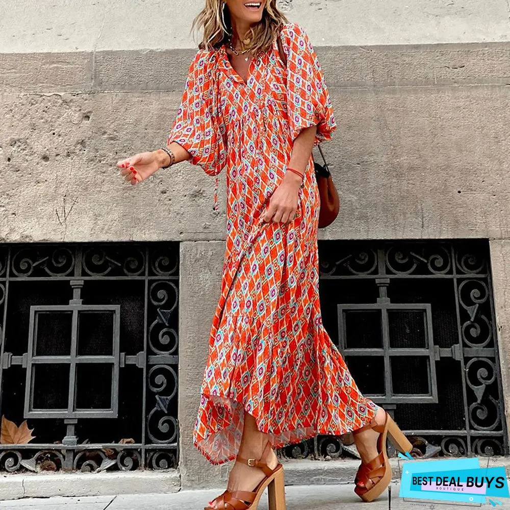 Short Sleeved Medium Length Bohemian Print Dress