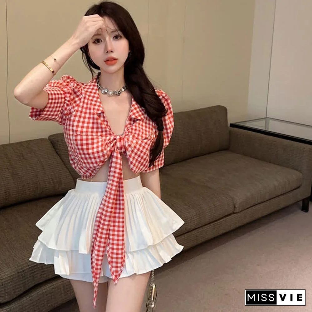 Lace Up Puff Sleeve Lattice Crop Top T-Shirt Mini Skirt