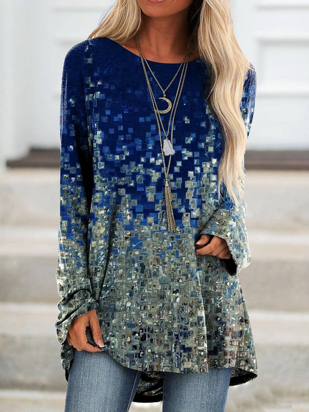 Shiny Color Gradient Print Round Neck Loose Long-Sleeved Tee