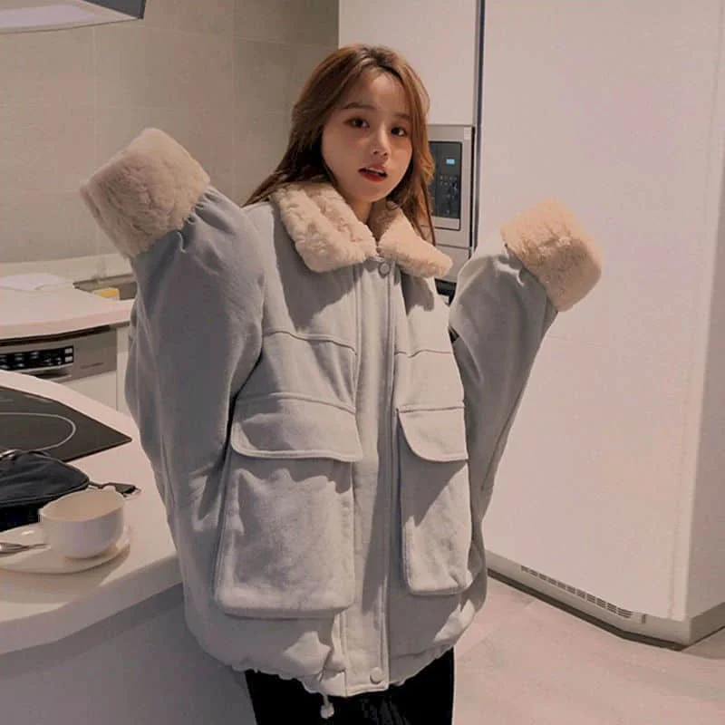 Korean Kawaii Thick Velvet Loose Cute Warm Jacket BE404