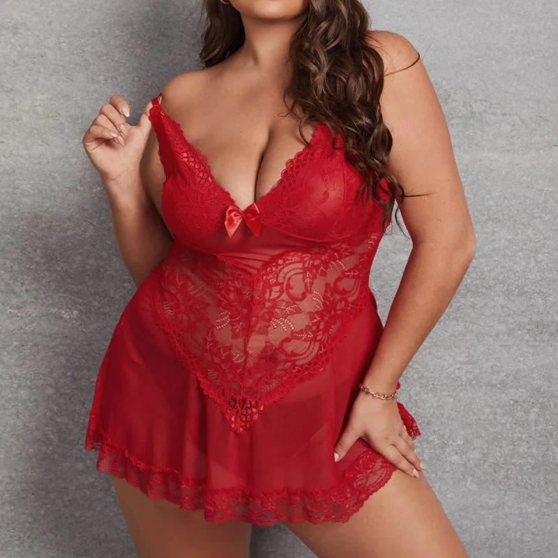 Plus Contrast Lace Bow Front Mesh Slips & Thong