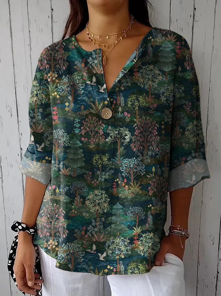 Tranquil Night Garden Repeat Pattern Printed Women's Casual Cotton Linen Shirt