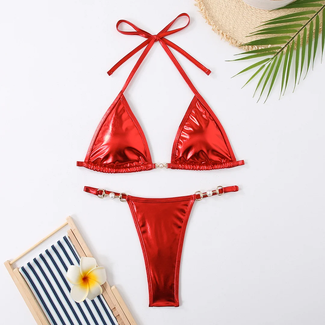 Mongw Mongw 2024 New Sexy Bikini Ladies Split Band With Bright Face Solid Color Swimsuit
