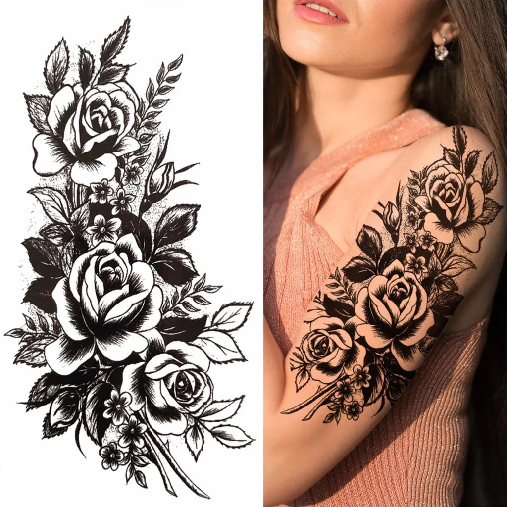 Lotus Flower Temporary Tattoo For Women Girls Snake Peony Lily Rose Chains Tattoos Sticker Black Blossom Fake Transferable Tatoo