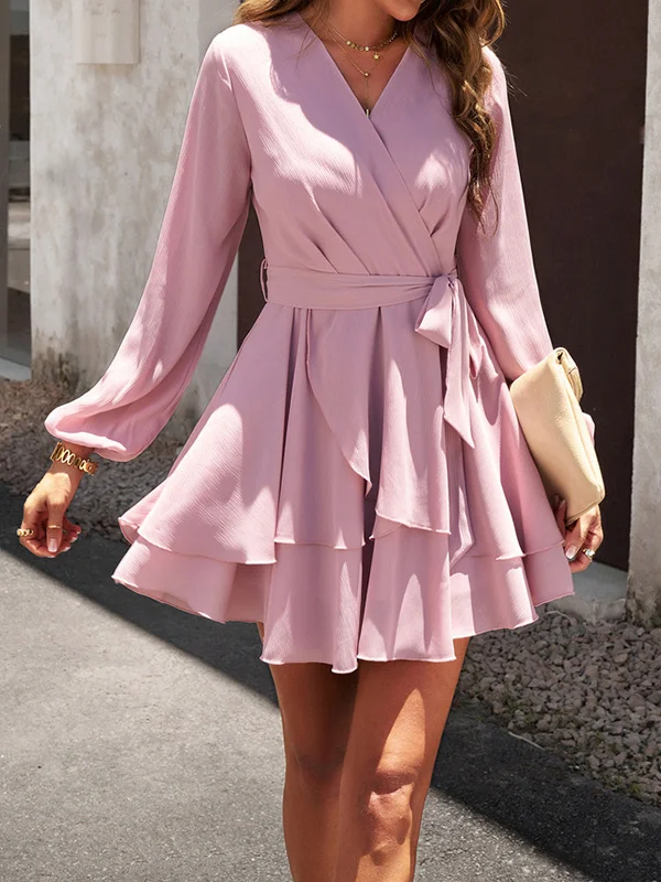 Tied Waist Solid Color Ruffled Puff Sleeves Loose V-Neck Mini Dresses