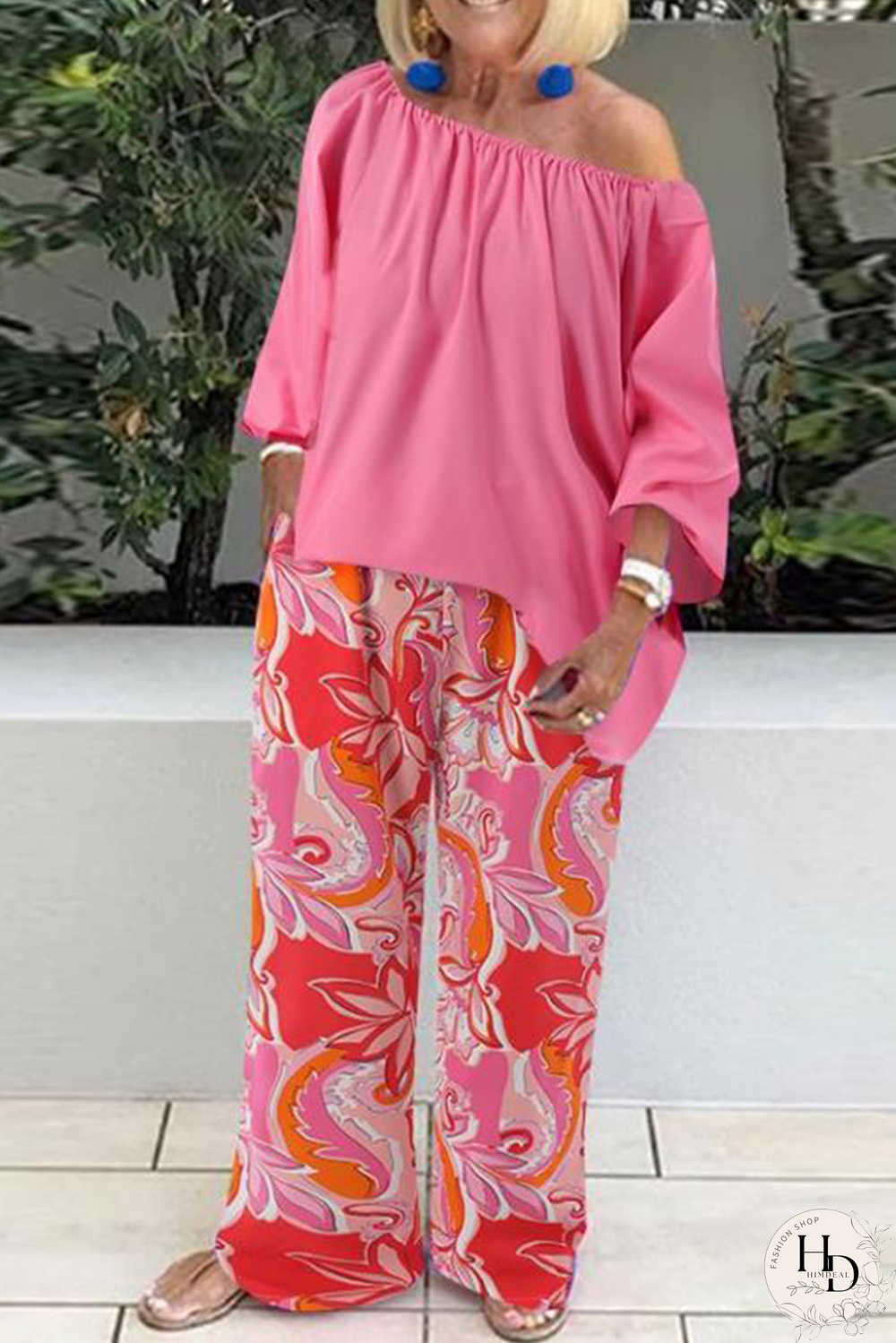 Blue Casual Print Patchwork One Shoulder Half Sleeve Two Pieces