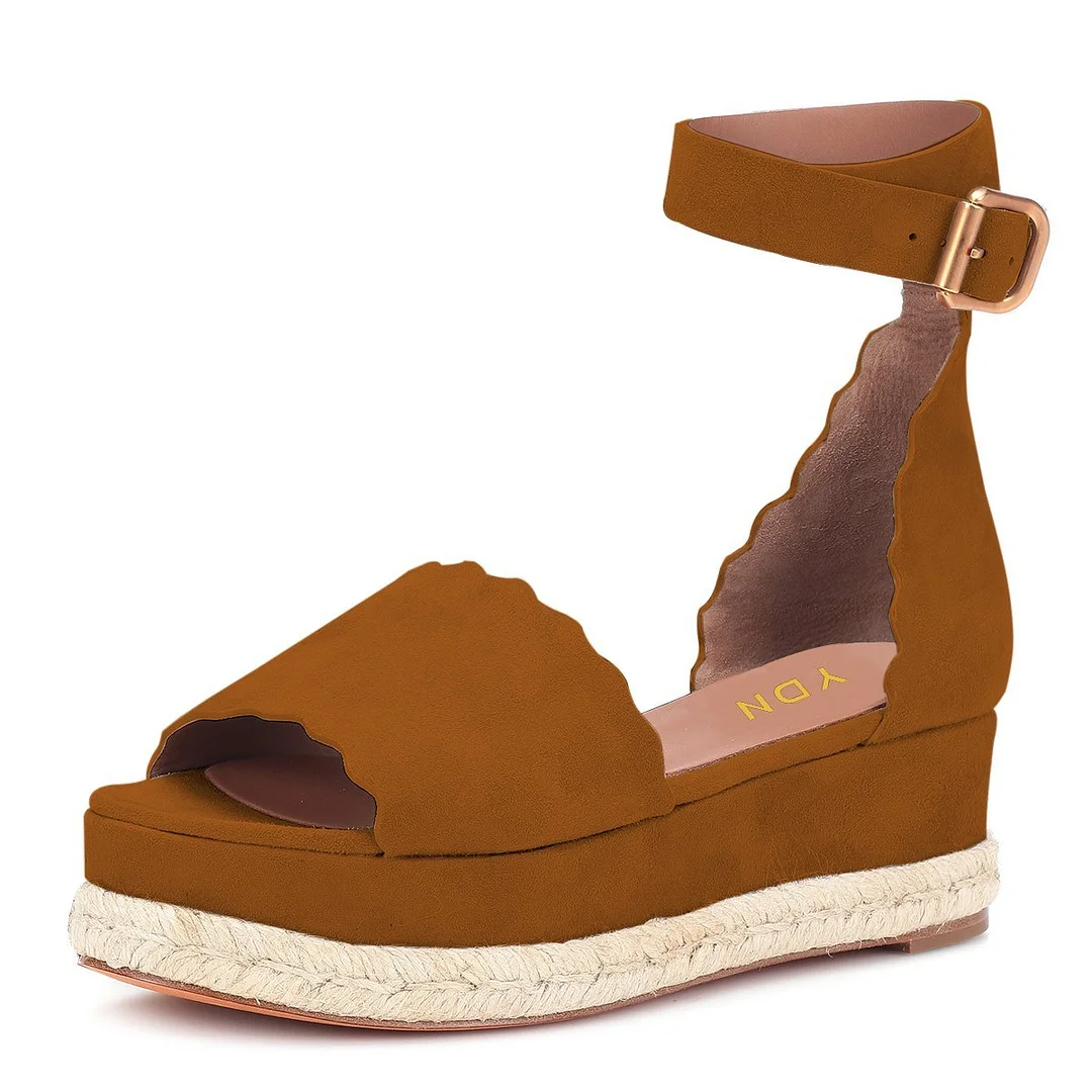 Brown Vegan Suede Open Toe Wave Edge Platform Sandals for Women