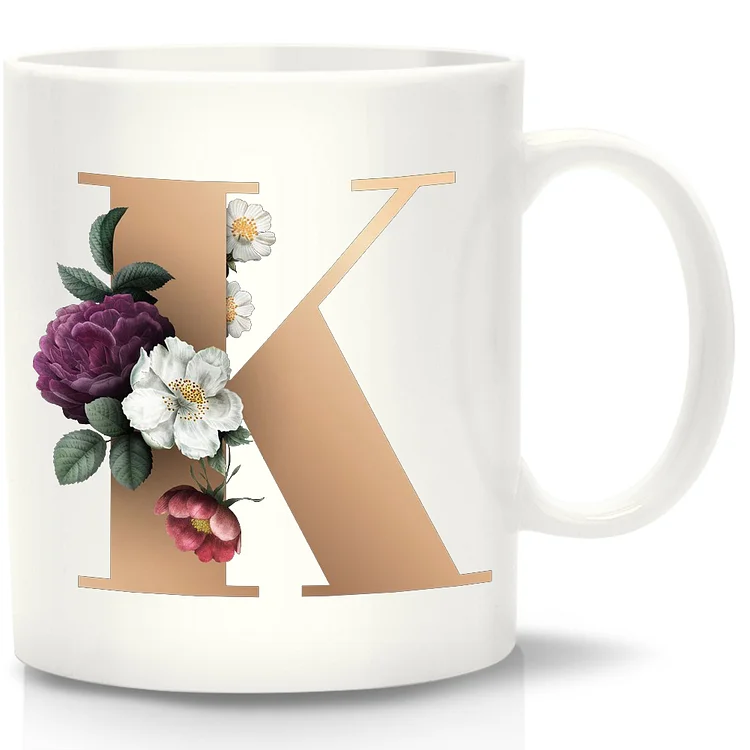 11oz Unique Creative Ceramic Coffee Water Mugs with Flower Letter K Pattern