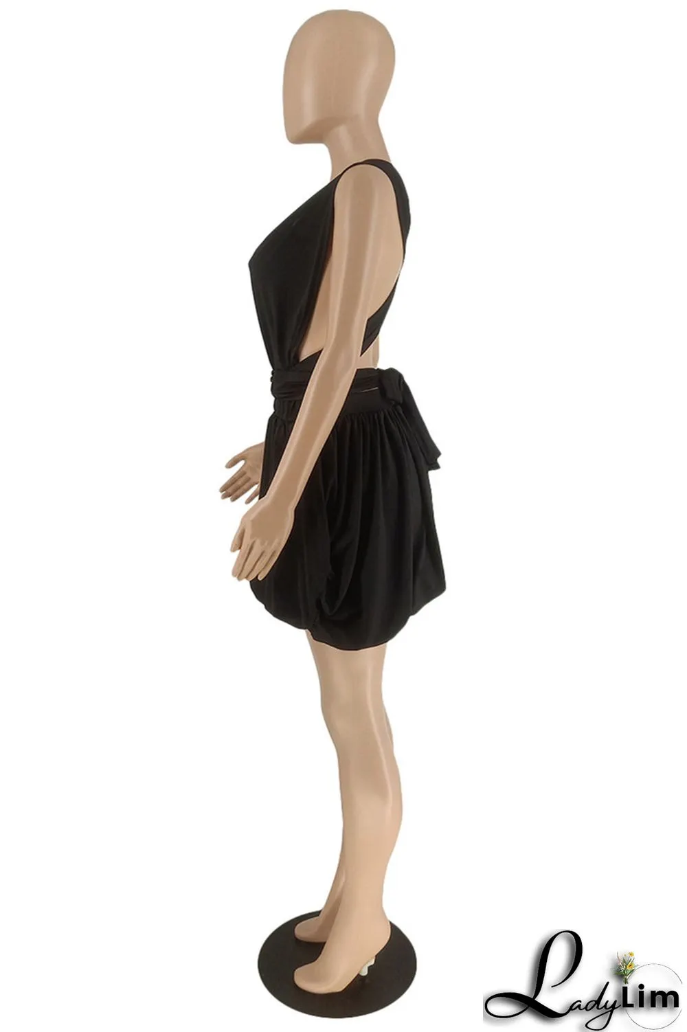 Black Sexy Casual Solid Bandage Backless V Neck Sleeveless Dress
