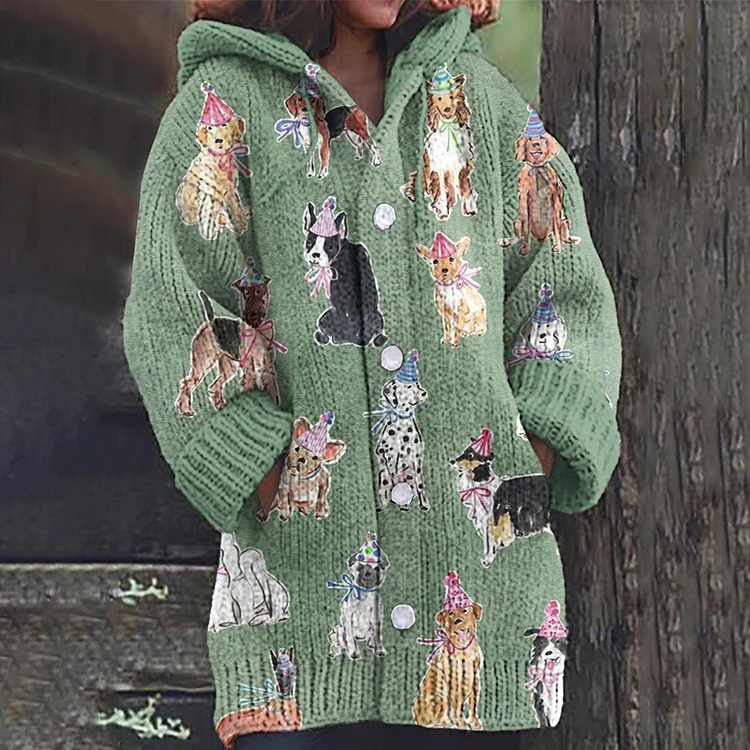 Women's Cute Dogs Art Button Down Casual Sweater