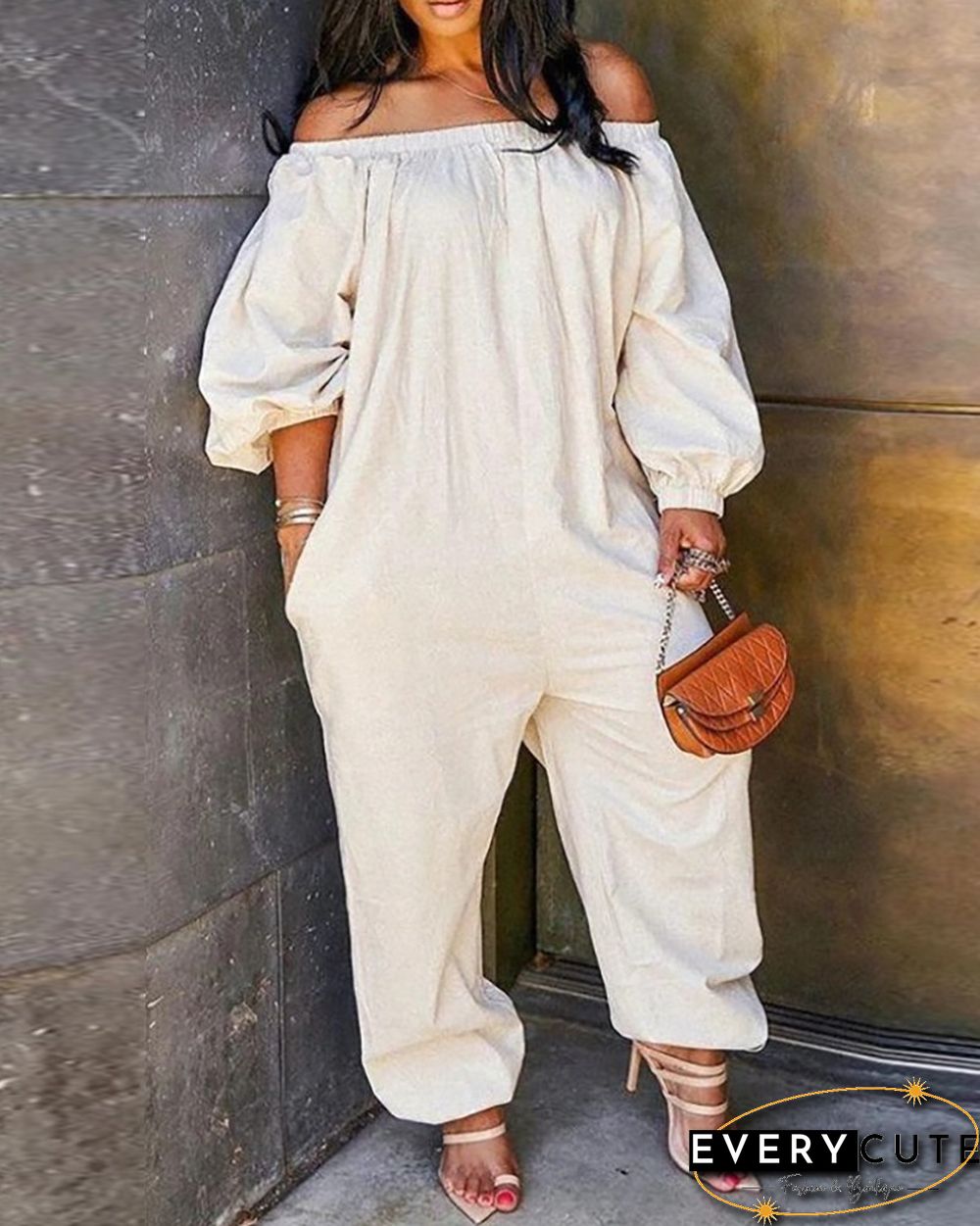 Off Shoulder Solid Lantern Sleeve Jumpsuit
