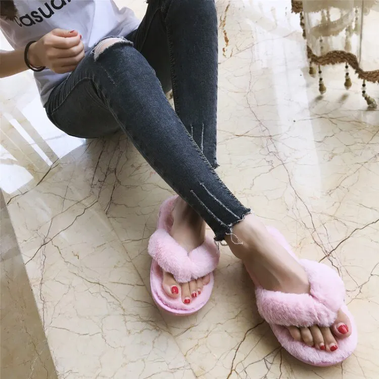 Winter Fashion Women Home Slippers Faux Fur Warm Shoes Woman Slip on Flats Female Fur Flip Flops Pink Plus Size 36- 45 Slippers