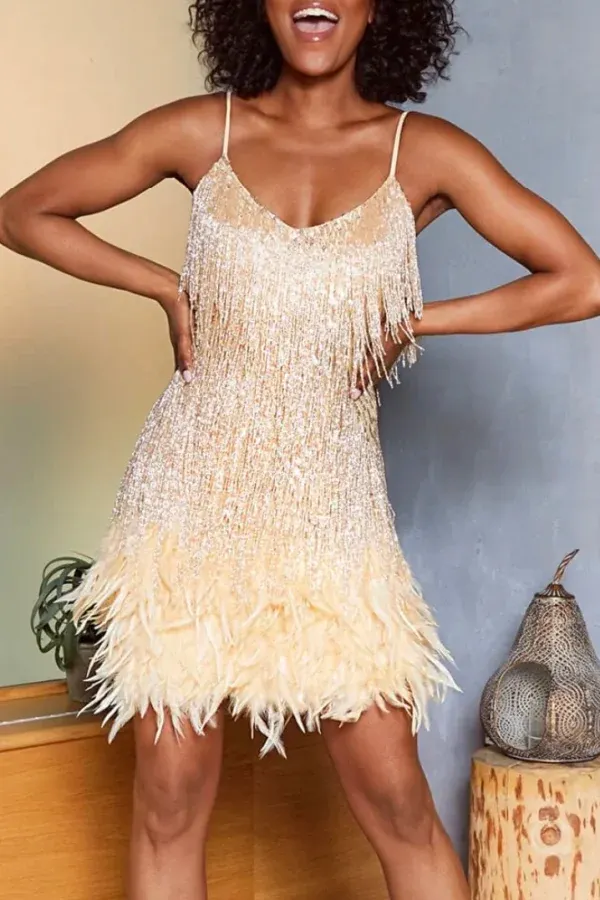  Feathered-Trimmed Embroidered-Silk Mini Dress