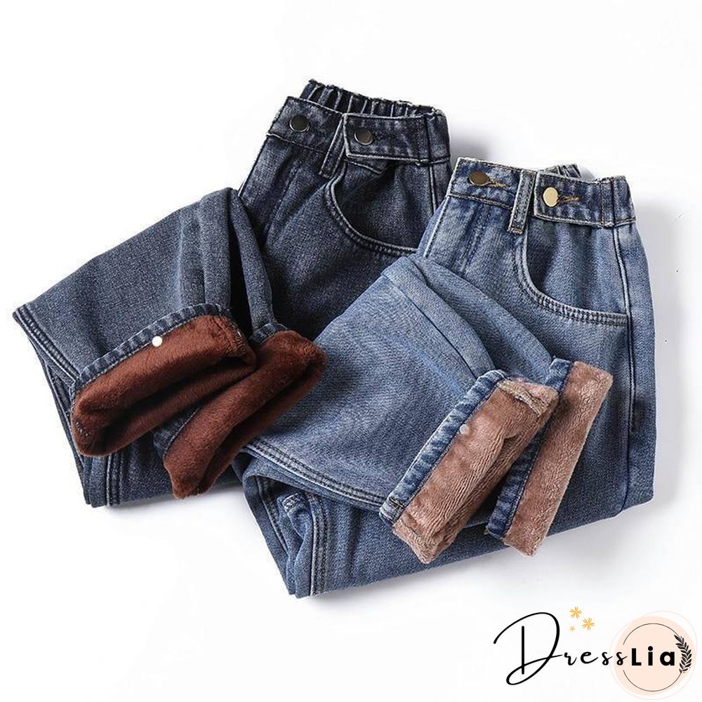 Winter Thick Fleece Warm Loose mom harem pants Jeans Women High waist casual streetwear female blue denim pants Plus size 5XL