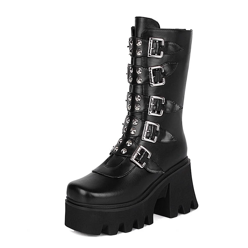 Gdgydh Autumn Winter Gothic Punk Womens Platform Boots Black Blet Buckle Strap Creepers Platform Shoes With Zipper Military Boot