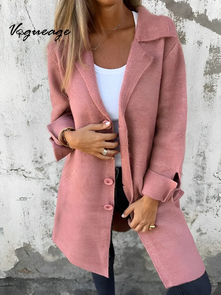 Fashion Solid Color Lapel Tie Pocket Cardigan Single Breasted Mid-Length Coat