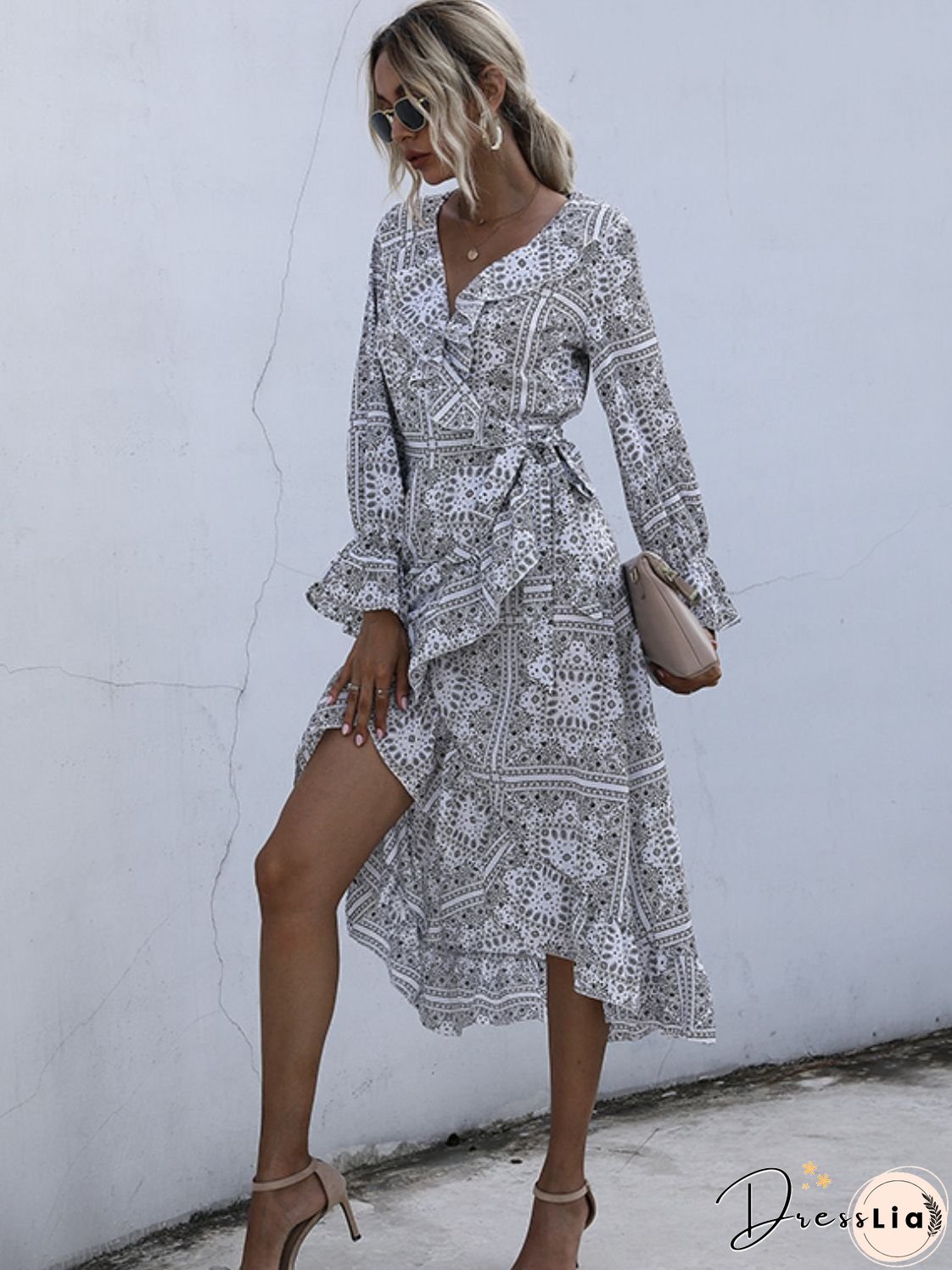 Perfee Ruffled Slit Surplice Long Sleeve Dress