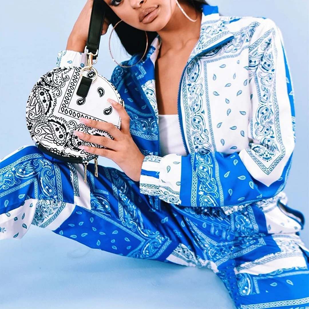 Fashion Printed Two-piece Clothes Set Women Streetwear Zipper Long Sleeve Short Coats+Joggers Sweatpants Autumn Spring Outfits