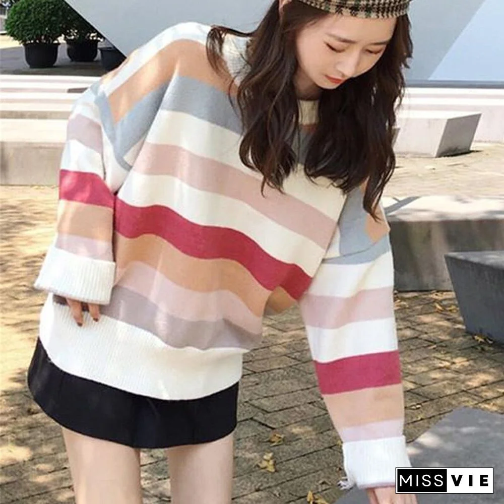 Autumn Design Elegant Stripe Sweater Women Long Sleeves Casual Knitting Sweater Korean Fashion Loose Mujer Pullover New