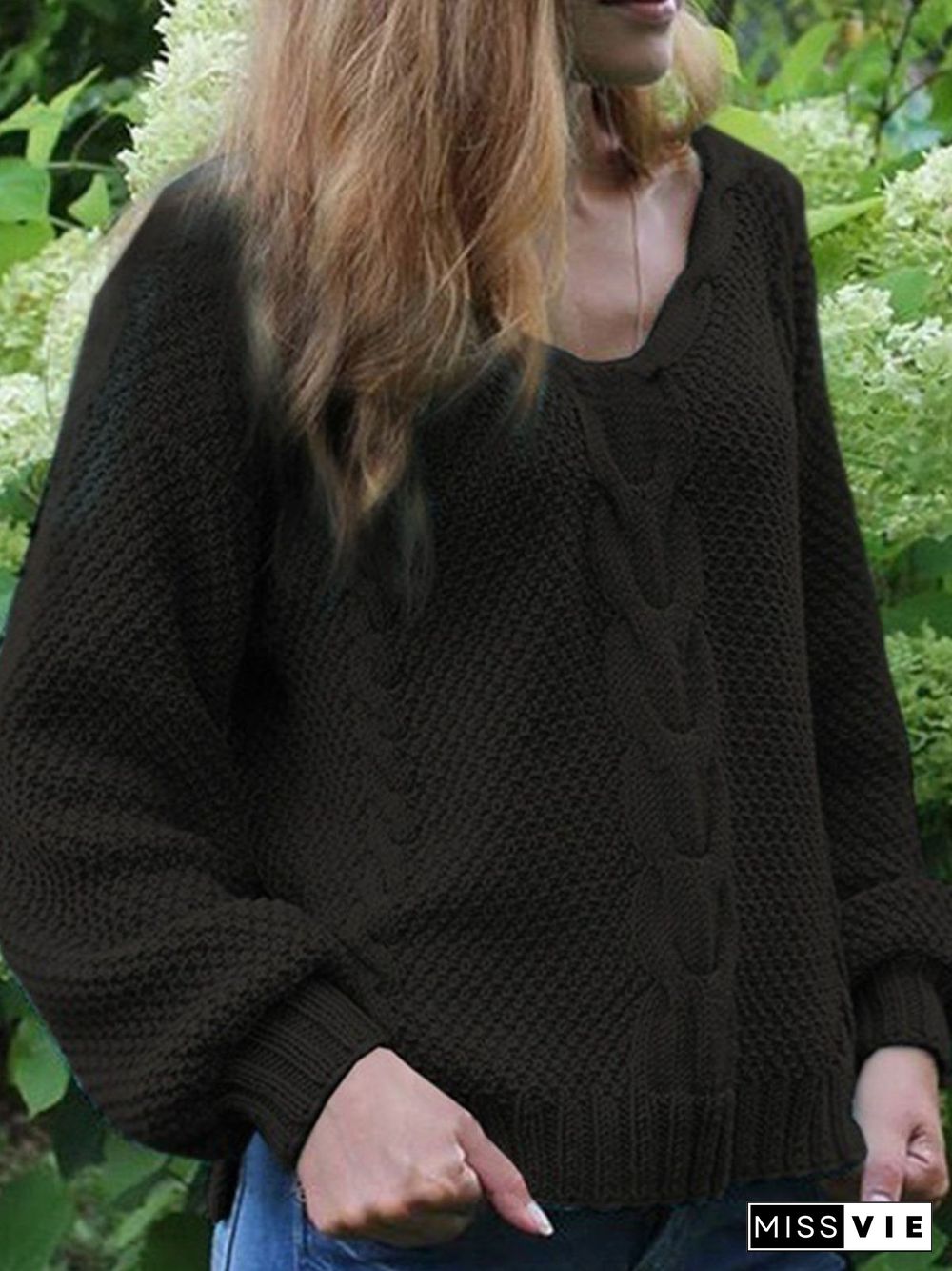 Casual Plain Knitted V-neck Long Sleeve Sweater