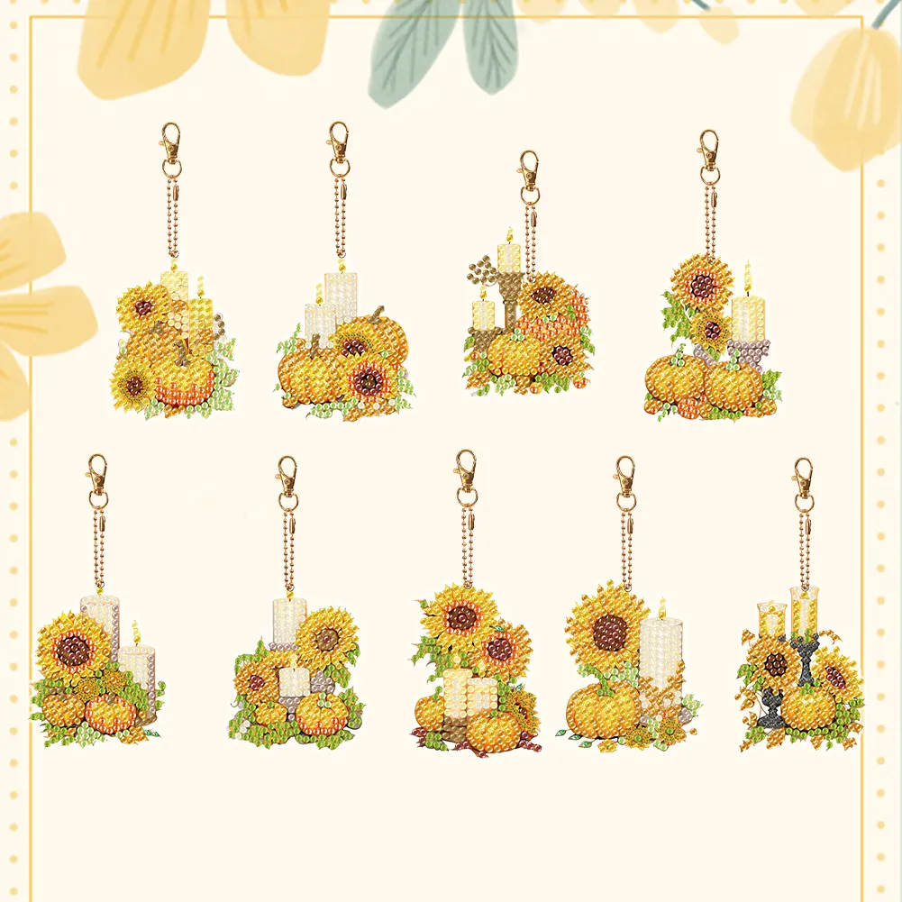 9pcs DIY Pumpkin Sunflower Candle Double Sided Special Shape Diamond Painting Art Keychains Pendant