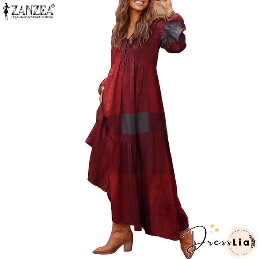 Zanzea Women Long Sleeve V-Neck Printed Kaftan Puff Sleeve Casual Loose Long Maxi Dresses Plus Size