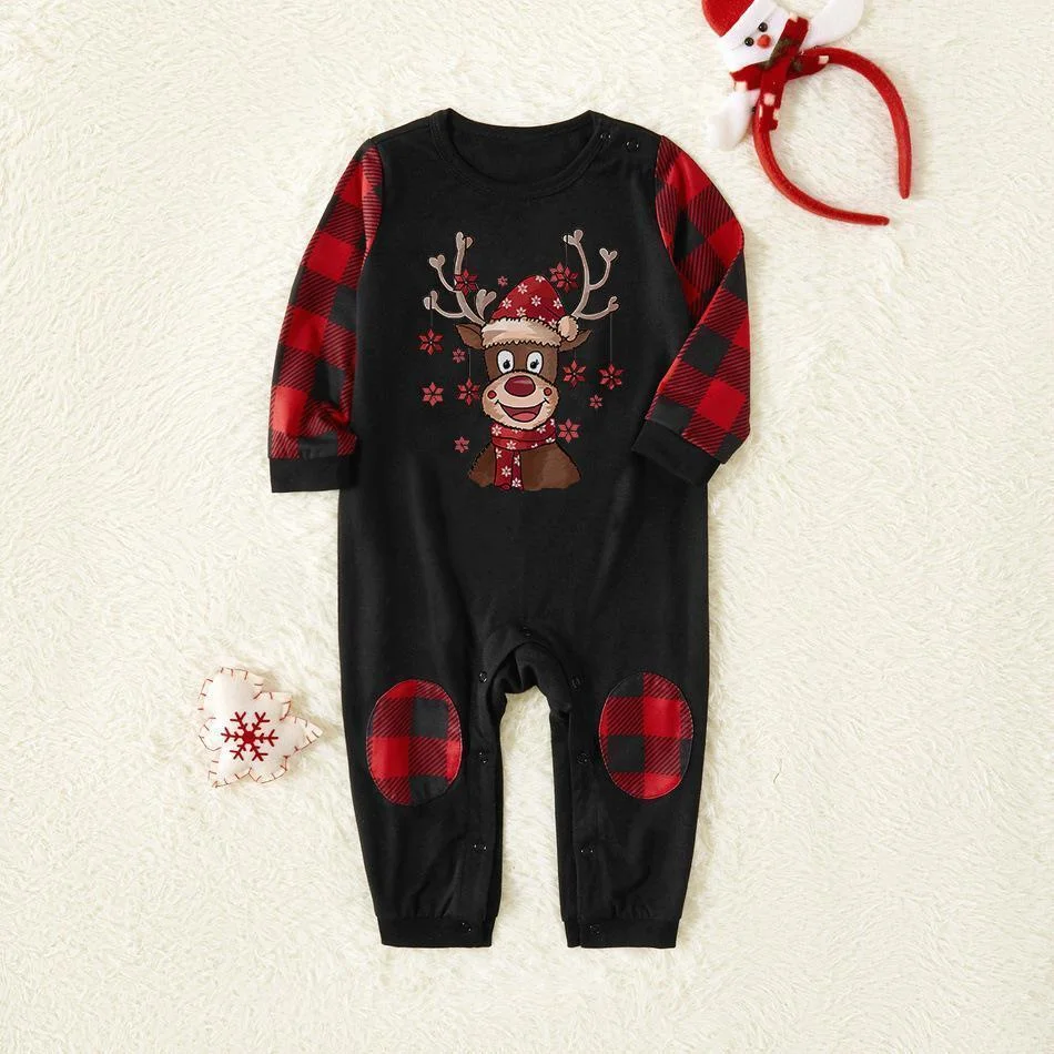 Cartoon Deer Contrast top and Plaid Pants Family Matching Pajamas Set in Black