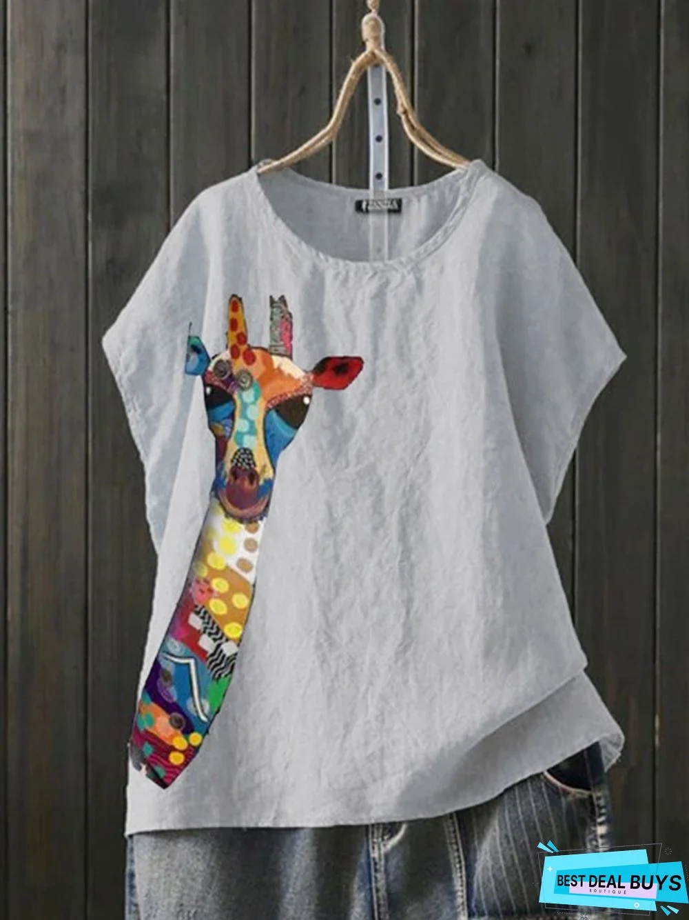 Plus Size Casual Animal Cotton-Blend Crew Neck Vintage Tops