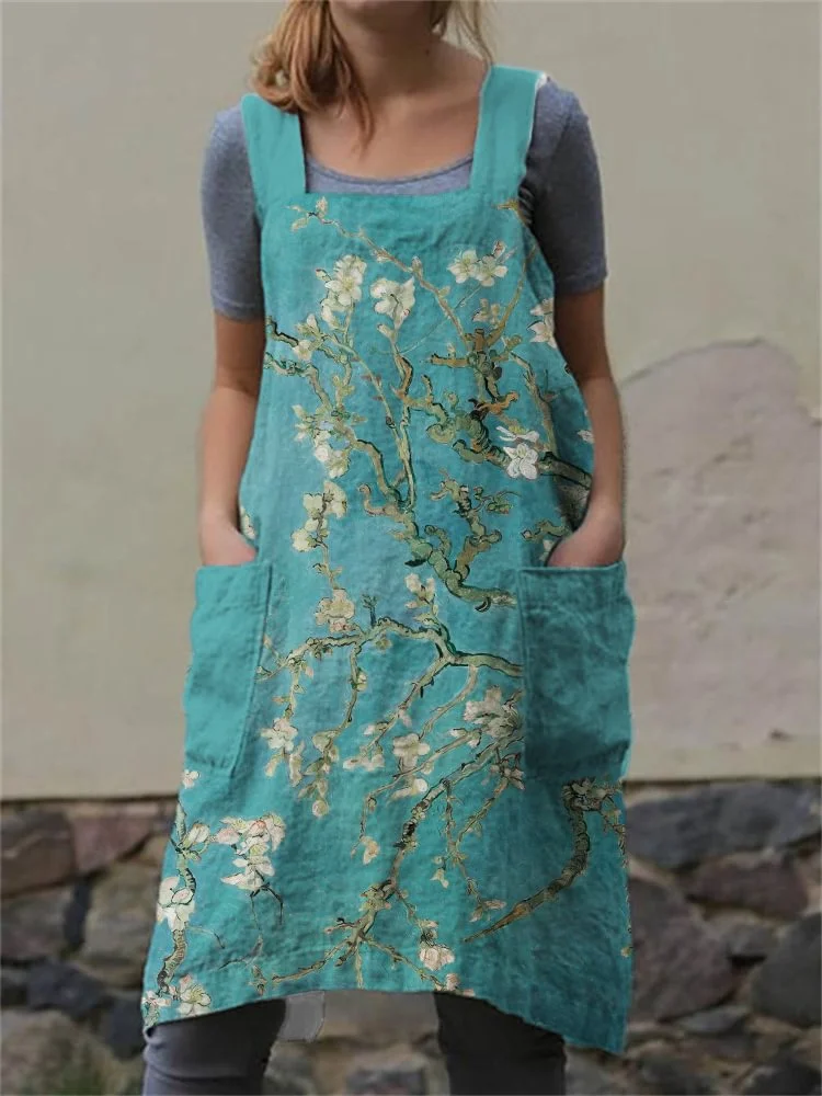 Almond Blossom Patch Pocket Oil Painting Print Apron