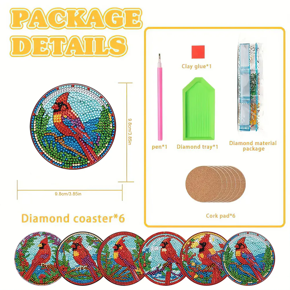 8pcs DIY Stained Glass Cardinal Diamond Painting Coasters Kits Acrylic Full Drill Coaster Single Side Diamond