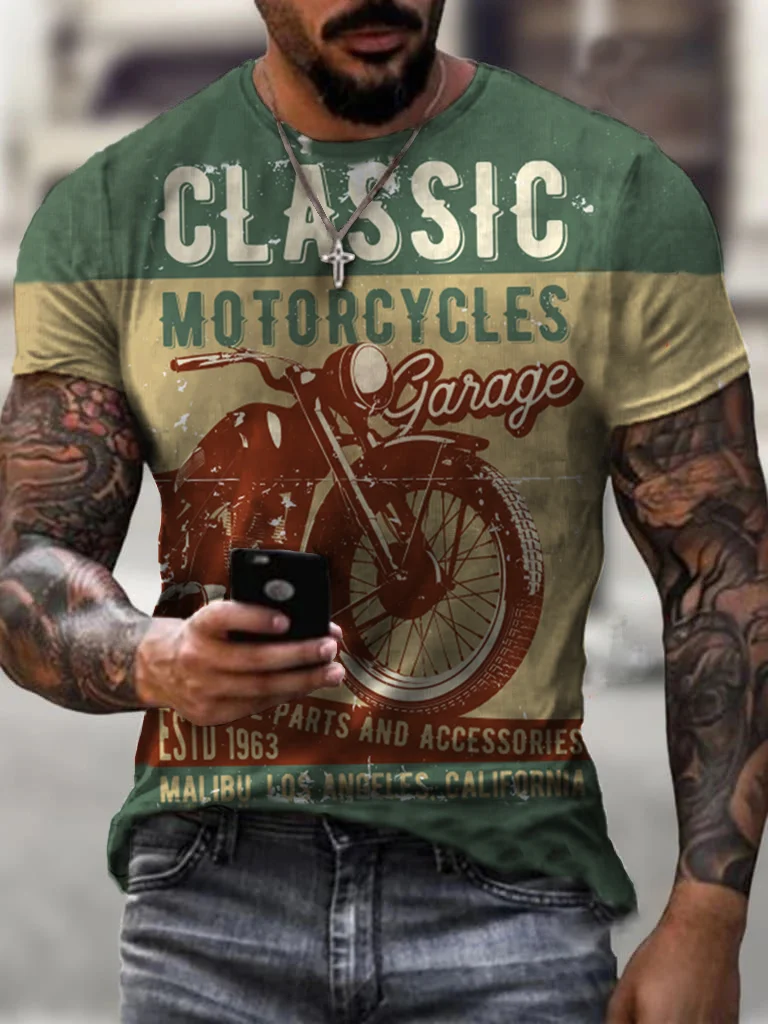 Mens Retro Motorcycle Riding Printed T-shirt / [viawink] /