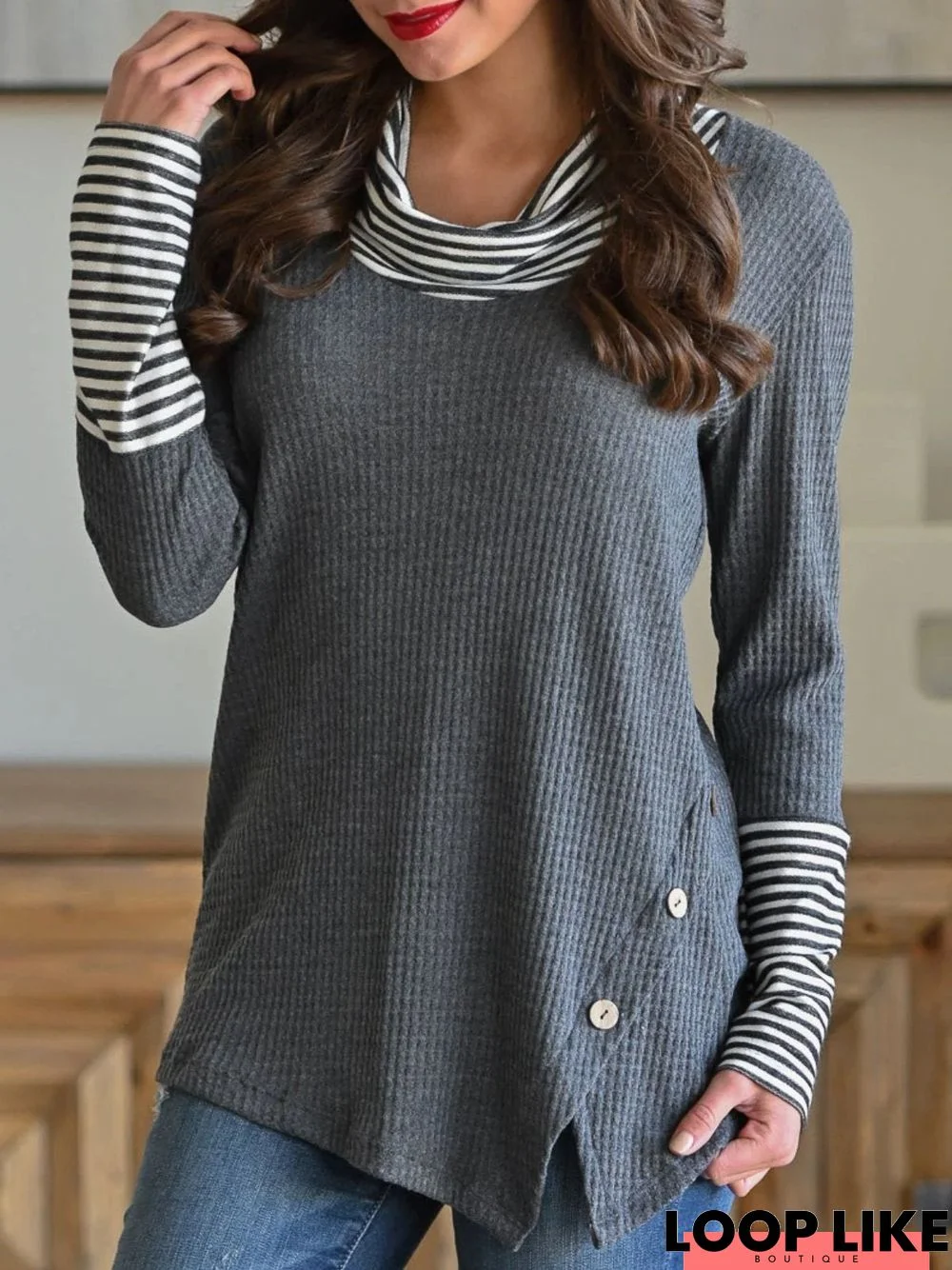 Women Stripe Long Sleeve Stitching Tops