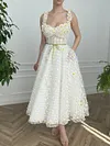 White Daisy Flower 3D Floral Ball Gown Tea Length Midi Bridal Dress Garden Party Cottagecore A Line Embroidered Tulle Mesh Formal