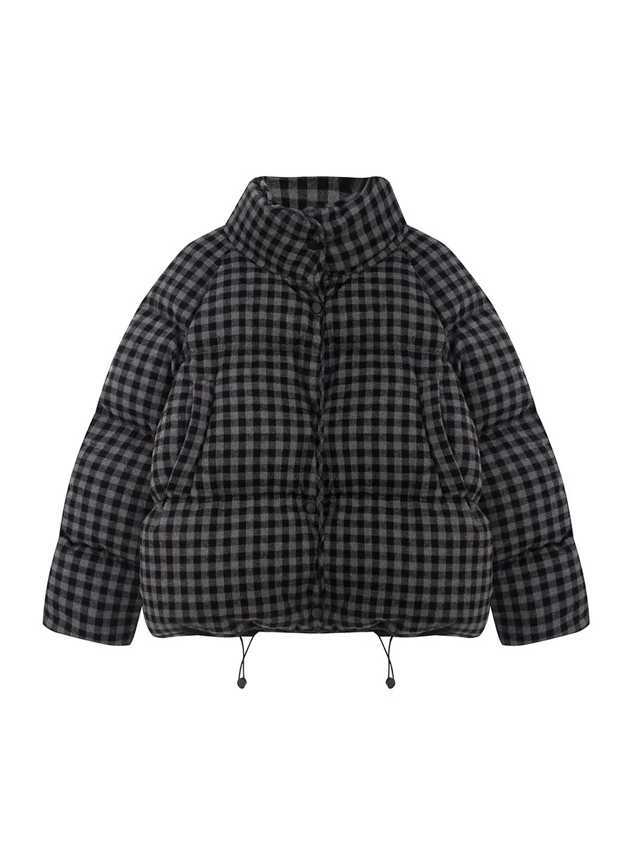 Toloer Black Plaid Down Jacket Women's Short 2024 New Design Woolen Retro And Thick Bread Coat-Outfit Ideas