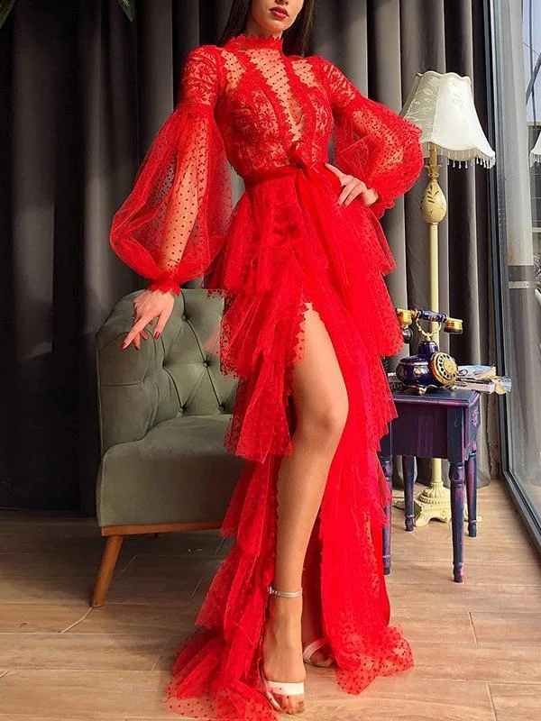 Sexy mesh long-sleeved ball gown dress