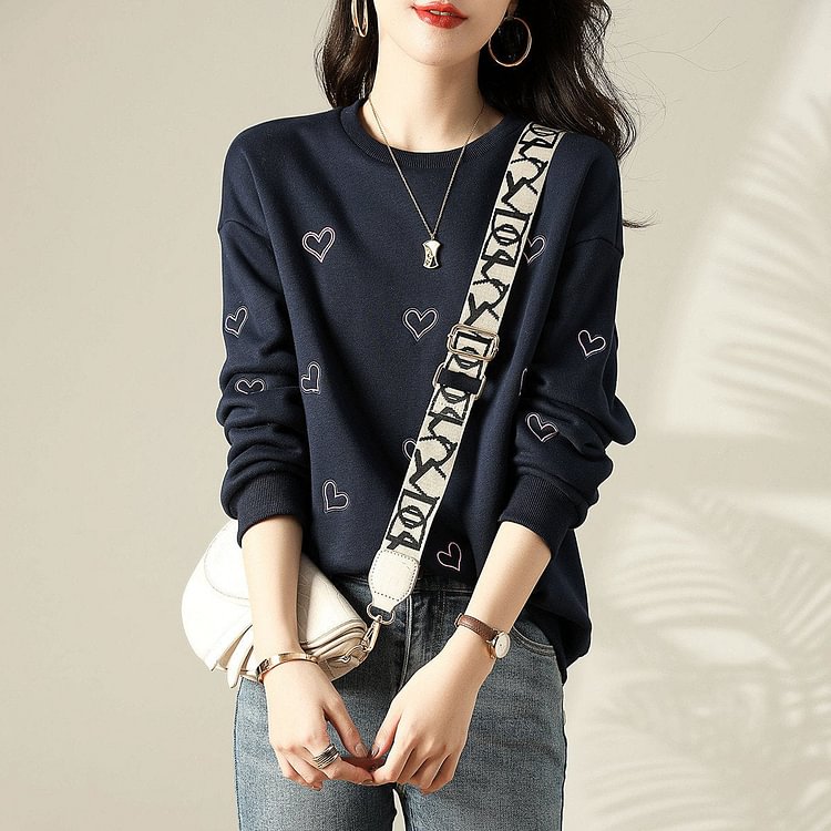 Navyblue Cotton-Blend Long Sleeve Embroidered Casual Sweatshirt