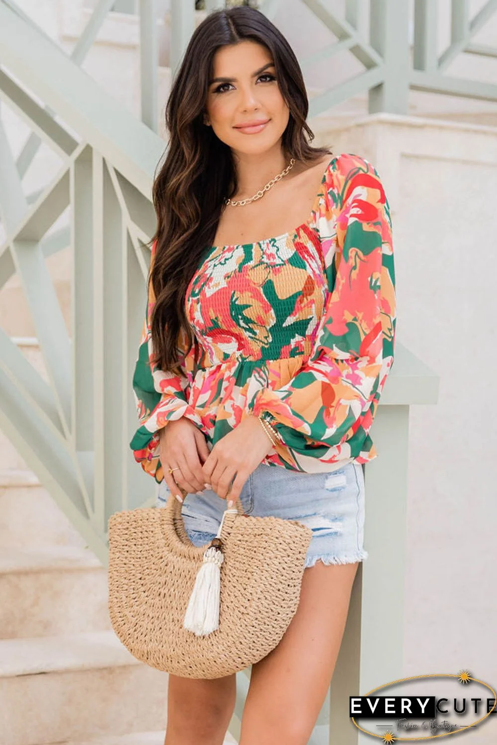 Green Abstract Floral Print Long Sleeve Peplum Blouse