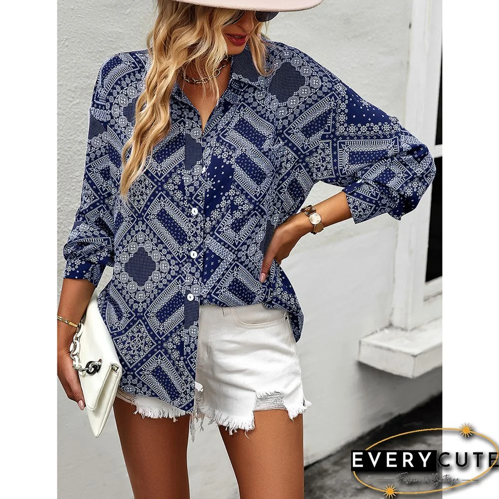 Navy Blue Digital Print Button Pocket Shirt