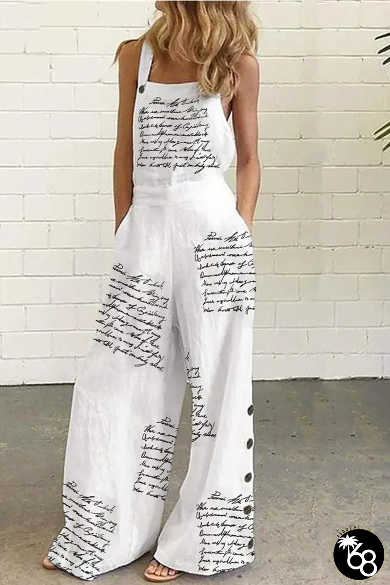 Casual Print Patchwork Letter Square Collar Loose Jumpsuits | 168DEAL