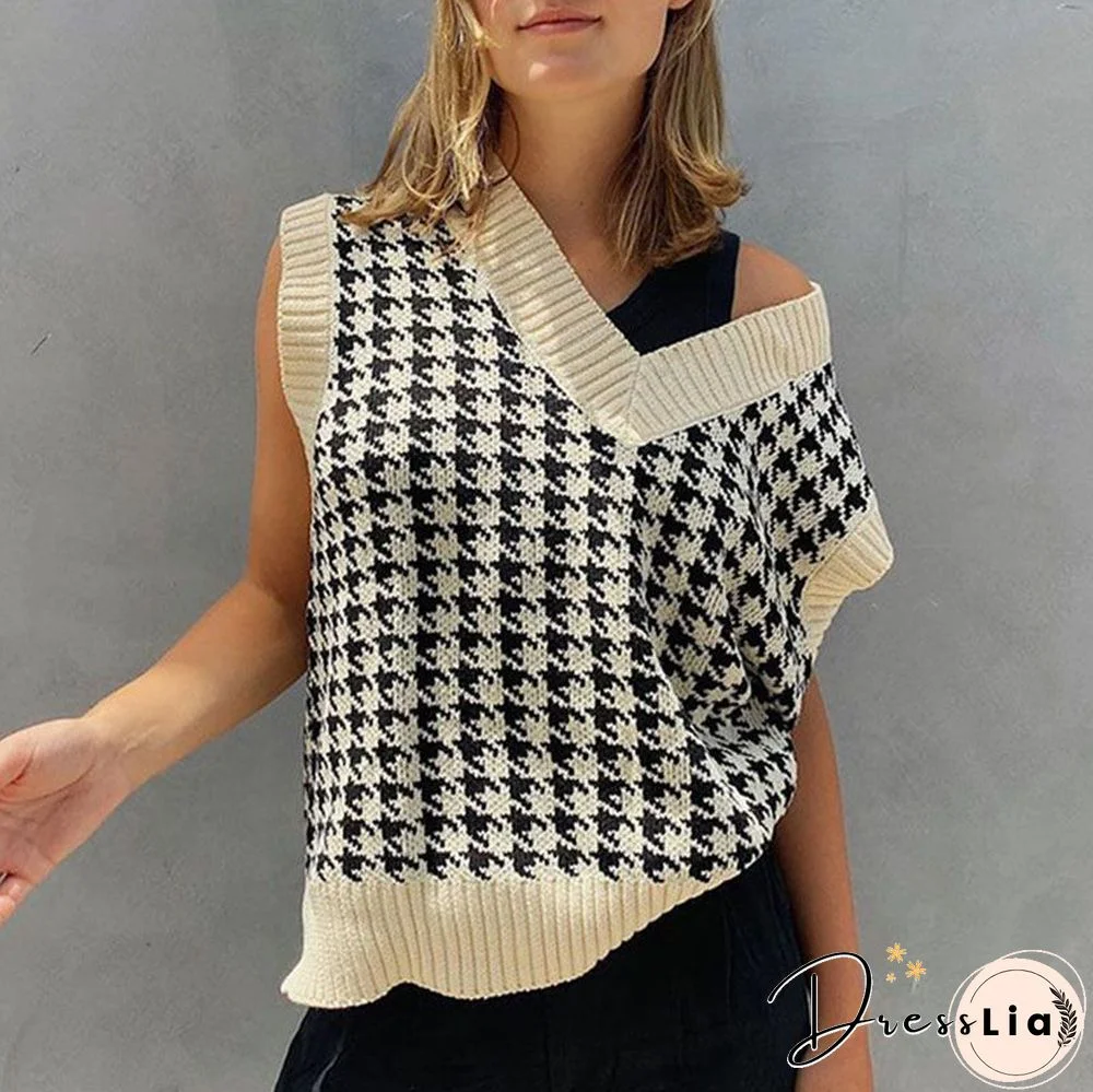 Checkered Cropped Knitted Tank Argyle Sleeveless Jumper